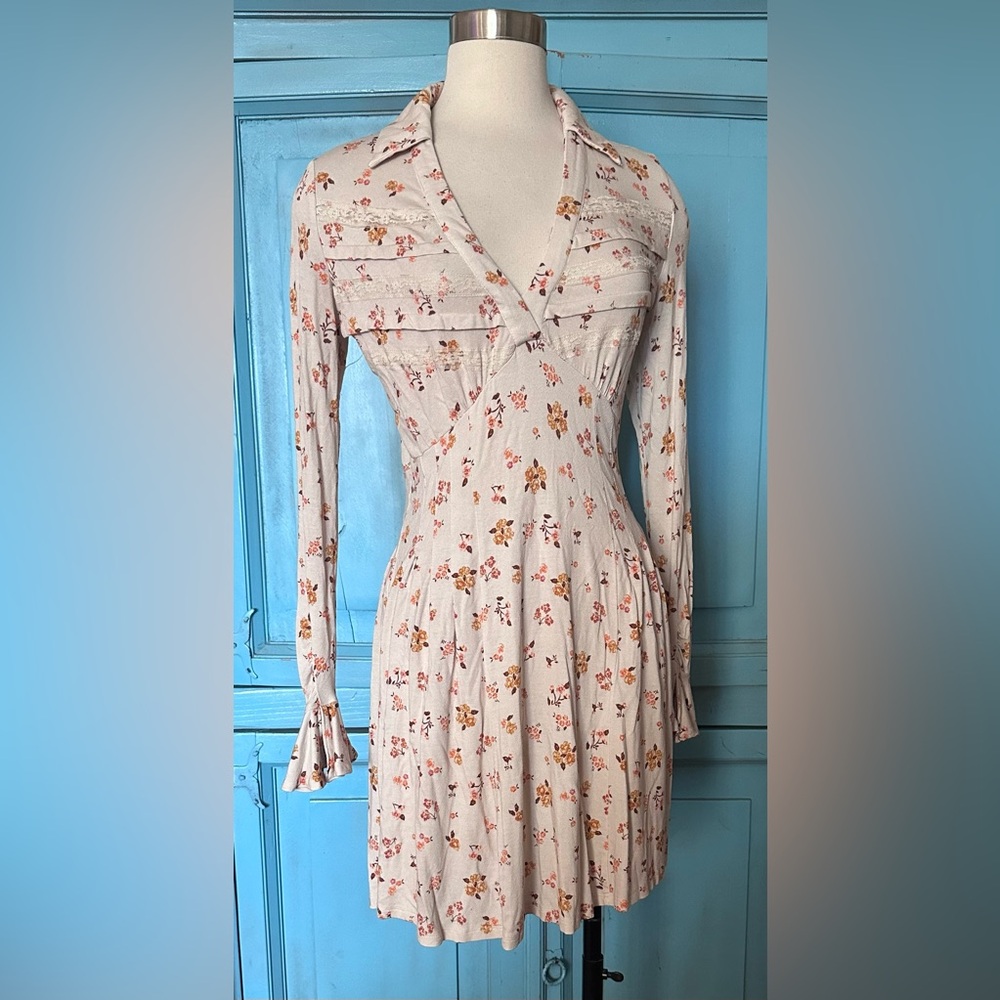Free People Floral Long Sleeve Dress - Cream and Orange